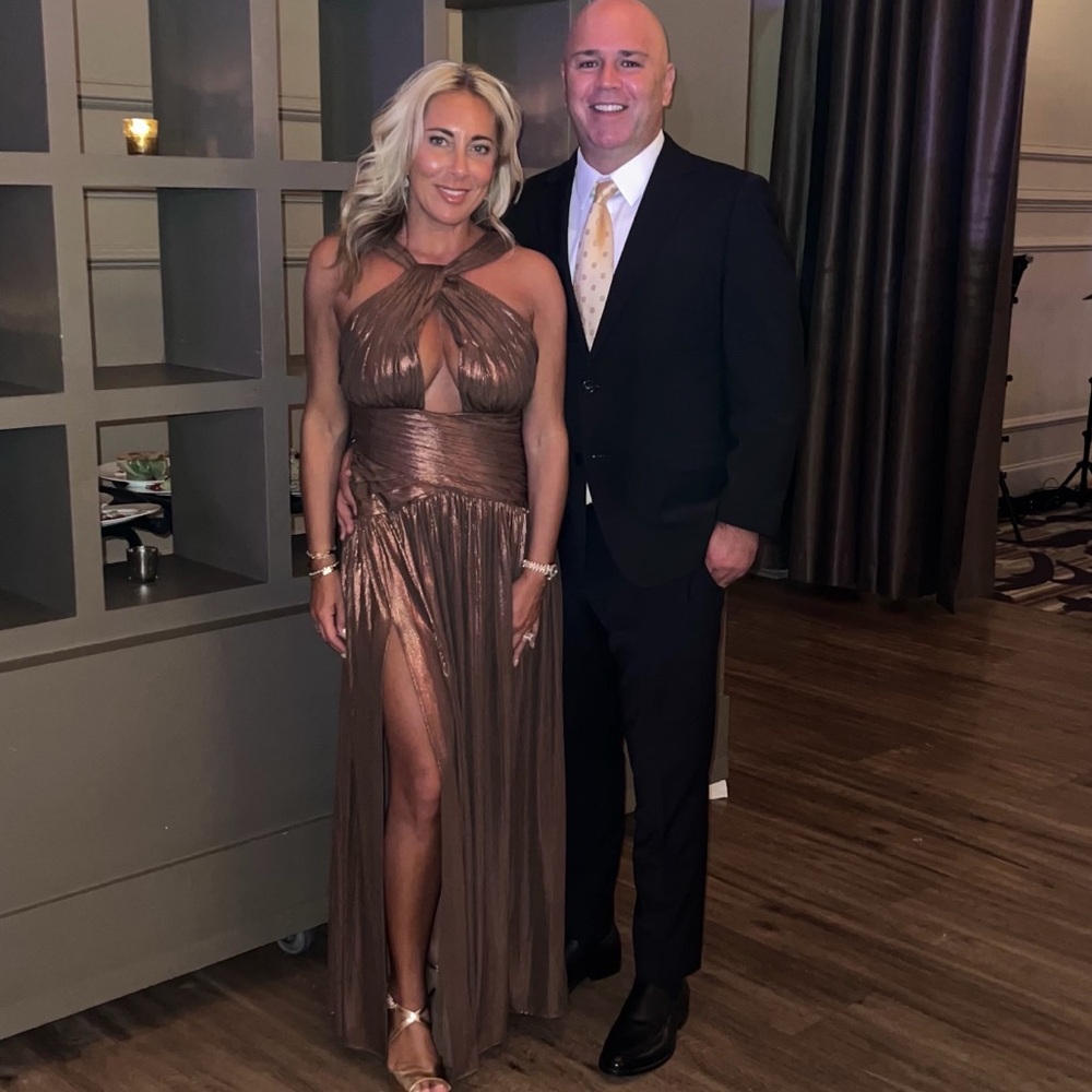 Retrofete Bronze Metallic Halter Gown